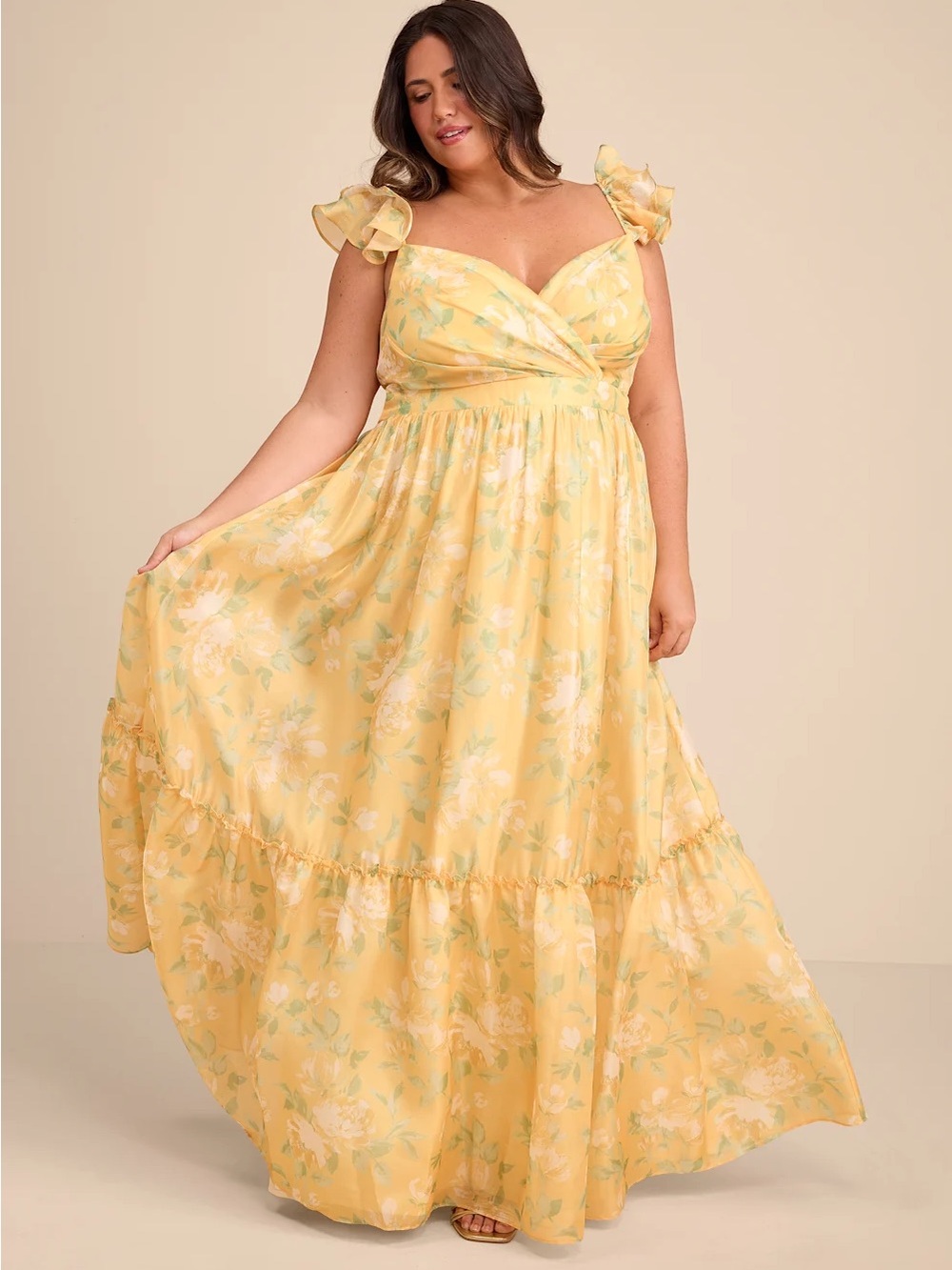 Lulu's Yellow Floral Ruffle-Strap Maxi Dress